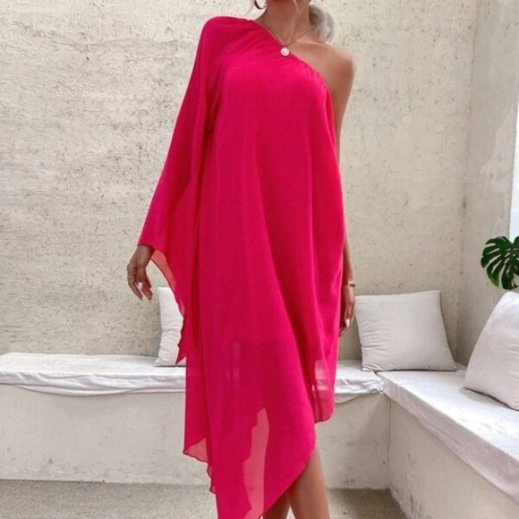 One Shoulder Batwing Sleeve Contemporary Dress HOT PINK - Picture 5 of 8